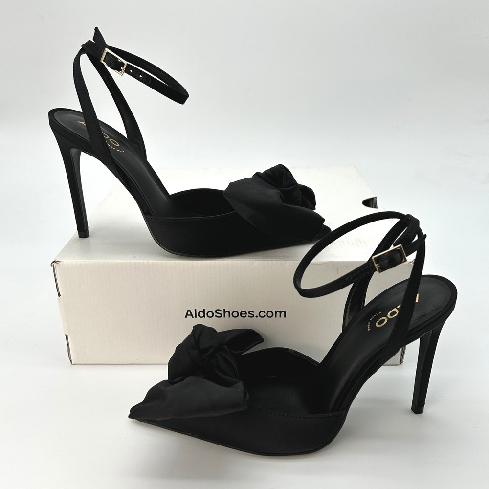 ALDO Nikky Strappy Stiletto Heels Womens Sz. 6.5 Black Satin Pointed Toe Bow NEW